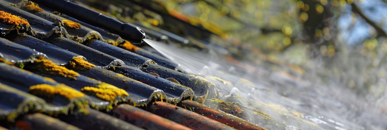 Dachreinigung in Mönchengladbach: Hochdruckreiniger spritzt Wasser auf mit Moos bewachsenes Dach